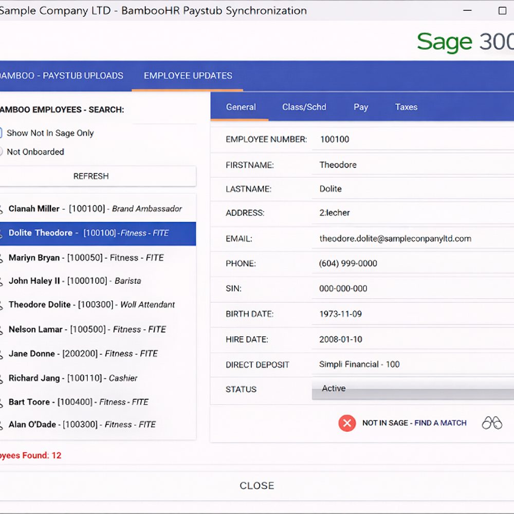 Sage 300 Payroll Employee screen showing synced BambooHR employee data fields including address, phone number, and hire date.
