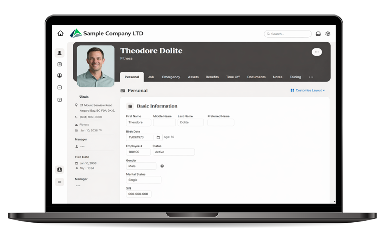 BambooHR employee profile showing employee number and personal data to sync with Sage 300.