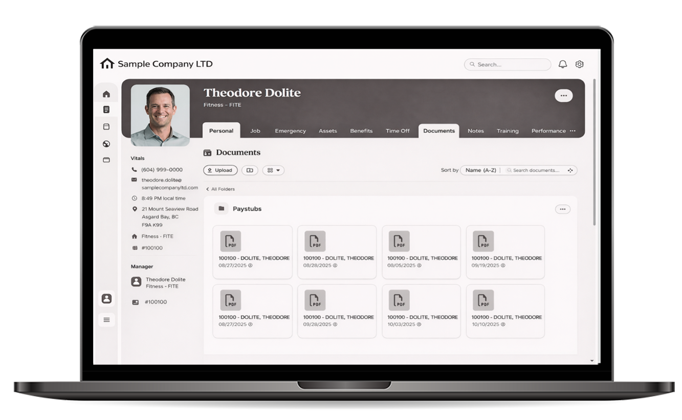 BambooHR employee profile showing individual PDF payslips automatically uploaded and stored under the Documents section.