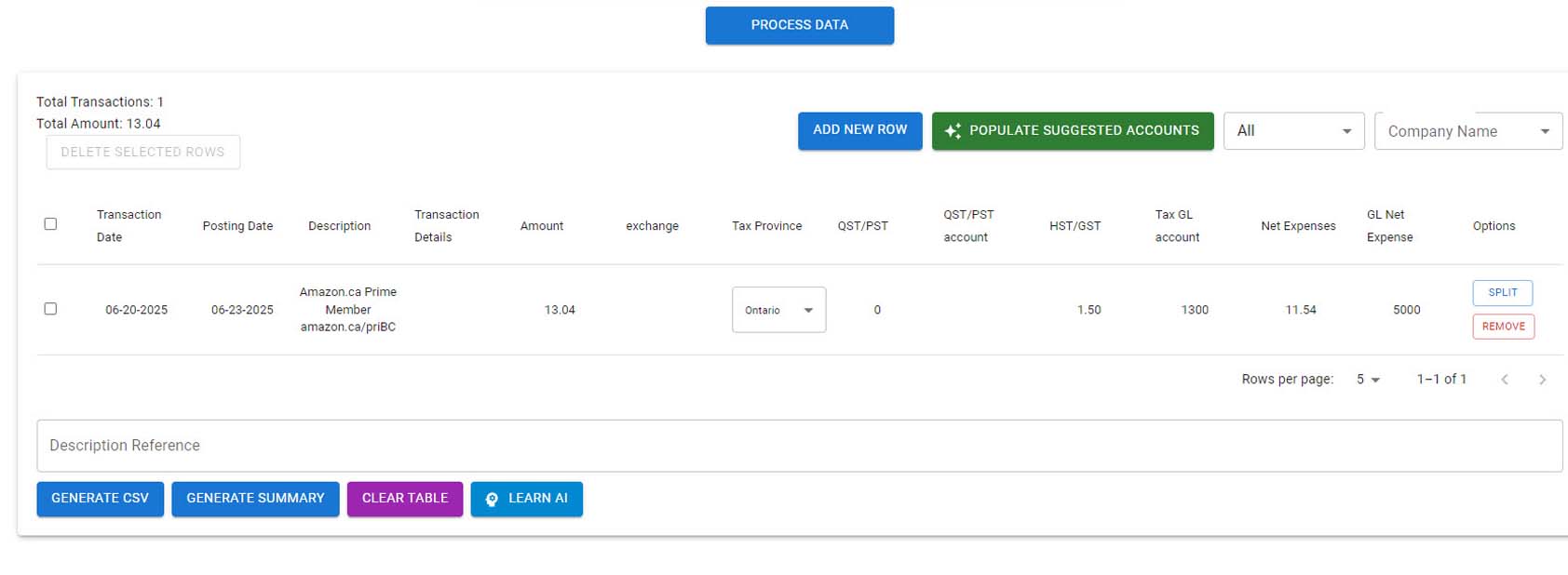 Credit Rec for AI showing Populate Suggested Accounts and Learn AI options for Sage 300 coding